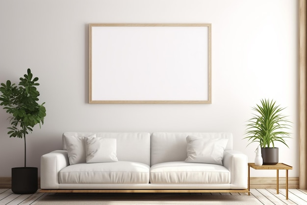 un rendering di un soggiorno con un divano bianco e una pianta generativa ai