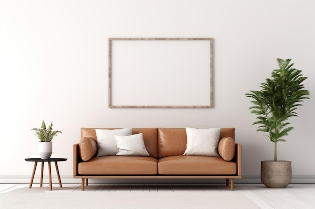 un rendering di un soggiorno con un divano in pelle marrone e un ai generativo di piante