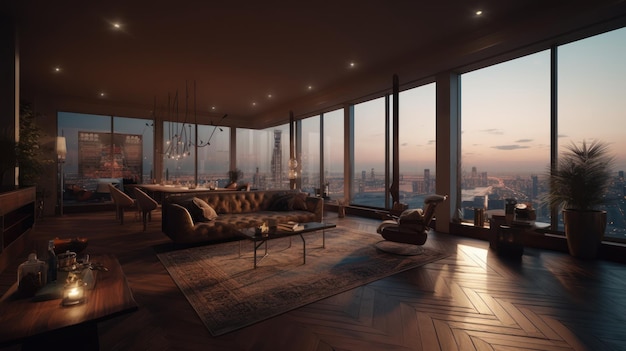 Un rendering di un soggiorno con vista sullo skyline della città.
