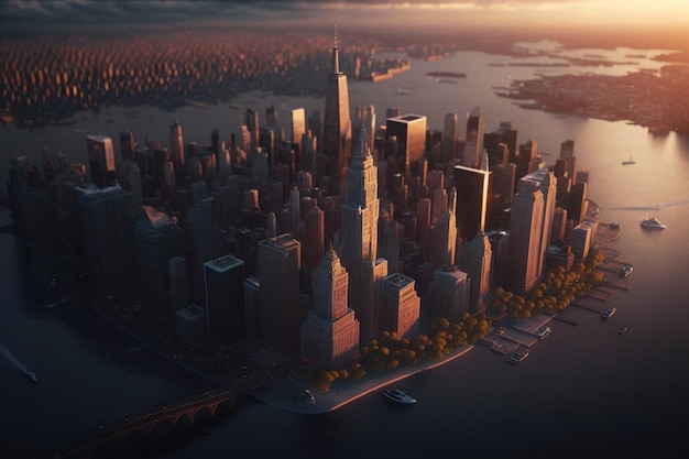 Un rendering di una città con vista sullo skyline di manhattan.