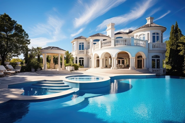 Un rendering di una villa con piscina e cielo azzurro.