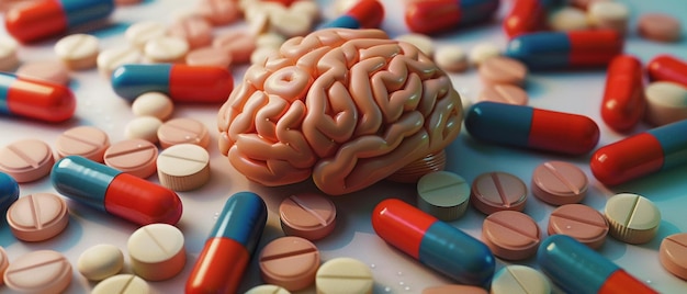 Un rendering digitale di un cervello umano circondato da un assortimento di pillole