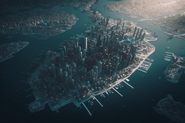 Un rendering digitale di una città con una città sullo sfondo.