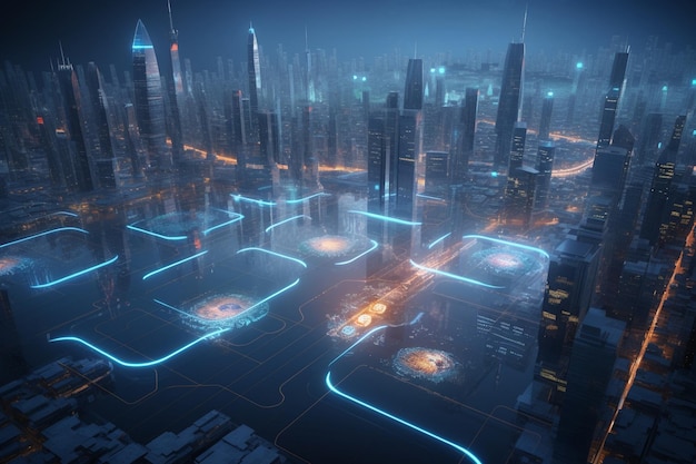 Un rendering digitale di una città con una luce blu che dice cyber city.