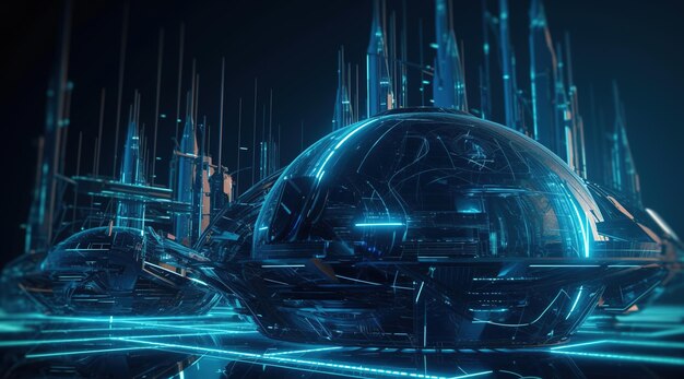 Un rendering digitale di una città futuristica con uno sfondo blu.