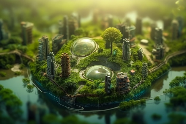 Un rendering digitale di una piccola isola con una città verde circondata da alberi.