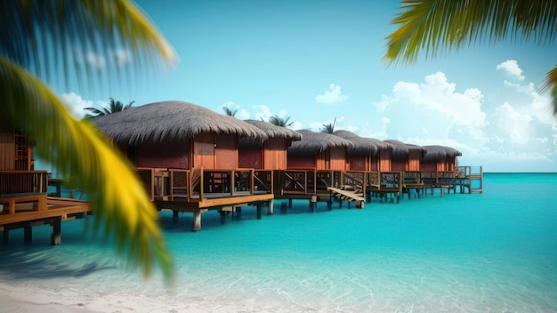 Un resort sulla spiaggia con una palma in primo piano e un cielo azzurro con sopra la parola paradiso.