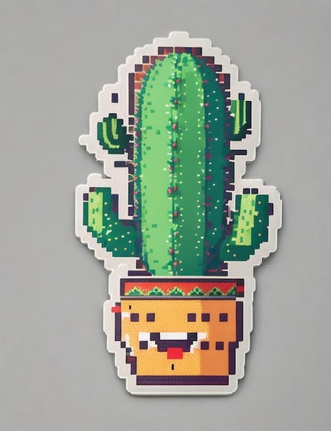 Un retro adesivo pixelato di un cactus sorridente con un sombrero