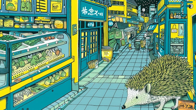Un riccio curioso che vaga attraverso un mercato notturno casuale spino acquirente
