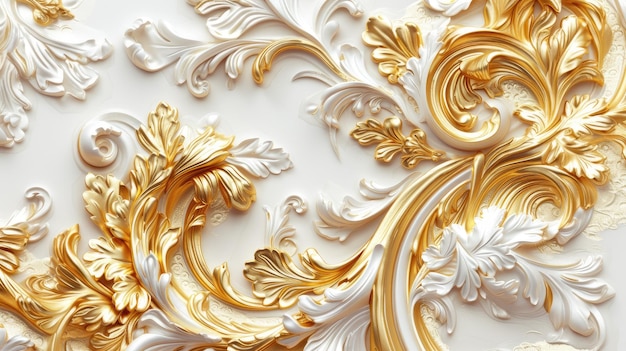 un ricco ornamento barocco dorato delicatamente inciso su uno sfondo bianco incontaminato che mostra i dettagli intricati e le curve sontuose del disegno per evocare un senso di opulenza e sofisticazione