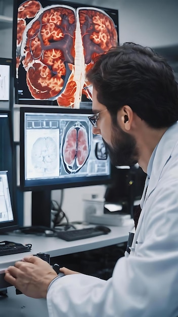 Un ricercatore guarda un monitor che analizza una scansione cerebrale mentre un collega discute con il paziente sullo sfondo