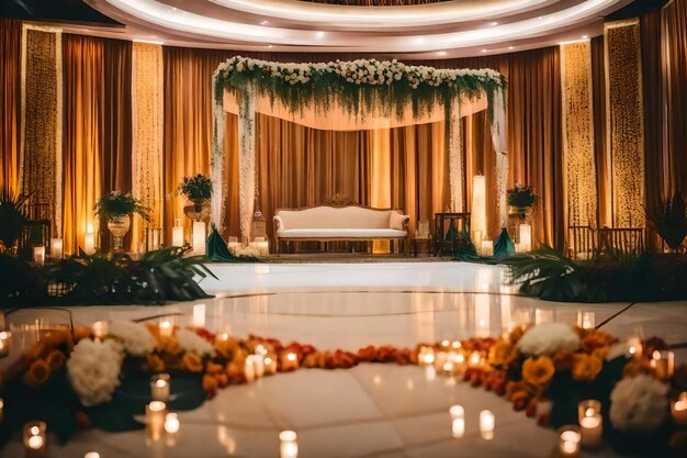 Un ricevimento di matrimonio con un grande palco con candele e fiori sopra.