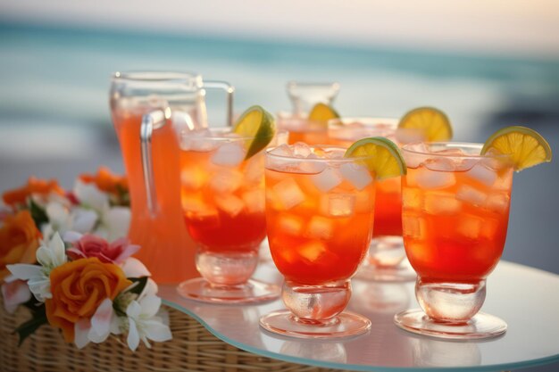 Un ricevimento nuziale in spiaggia con eleganti bicchieri di punch al rum.