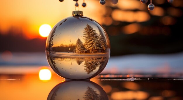 un riflesso della palla di Natale sull'albero di Natale