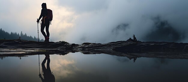 Un riflesso della silhouette di una ragazza che fa escursioni in una giornata invernale piovosa e nebbiosa in montagna