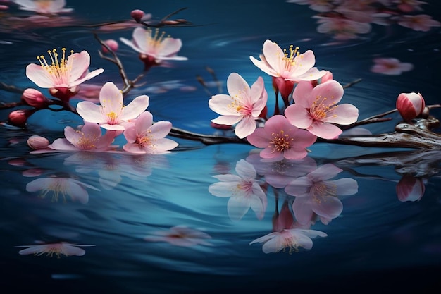 un riflesso di fiori di ciliegio rosa nell'acqua.