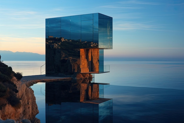 Un riflesso di un edificio nell'acqua AI generativa