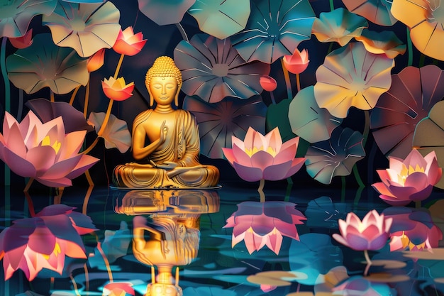 un riflesso di una statua di Buddha in uno stagno con fiori di loto