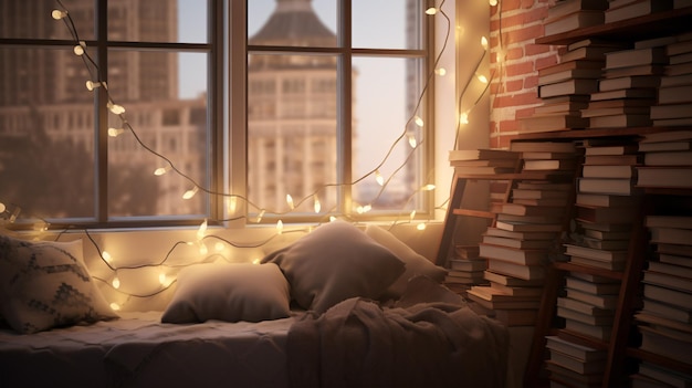 Un rifugio accogliente con stringhe di luci di fata e un'abbondanza di libri che evocano un senso di relax, fantasia o ambiente ispirato all'hygge