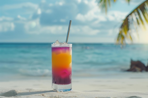 un rinfrescante cocktail colorato con una cannuccia di metallo su una spiaggia di sabbia bianca