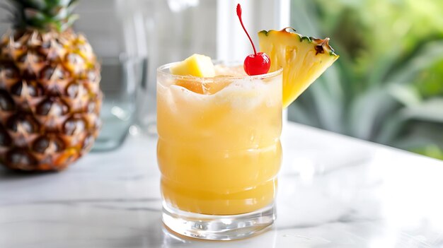 Un rinfrescante cocktail di ananas con una ciliegina in cima e un ananas sullo sfondo