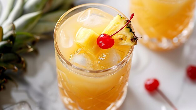 Un rinfrescante cocktail di ananas con una guarnizione di ciliegie e ananas