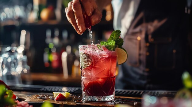 Un rinfrescante cocktail estivo con fragole, lime e menta. Il barista sta aggiungendo il tocco finale alla bevanda.