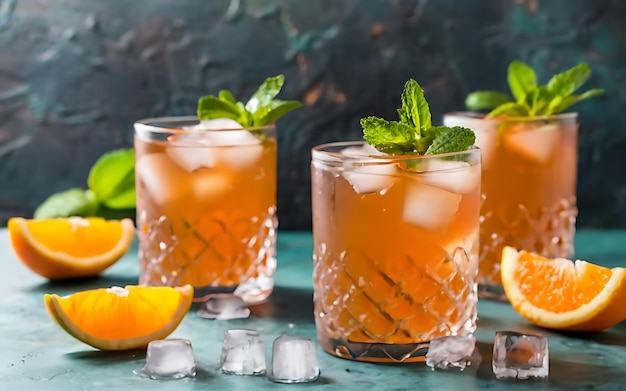 Un rinfrescante cocktail estivo con menta d'arancia e ghiaccio nei bicchieri.