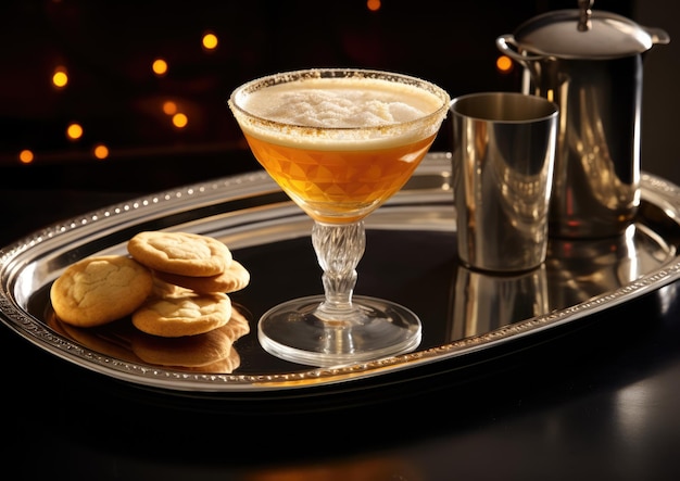 Un rinfrescante cocktail French Connection posto su un piatto d'argento servito con un contorno di Amaretto c