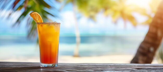 Un rinfrescante cocktail tropicale sullo sfondo della spiaggia con ampio spazio per il testo
