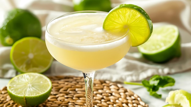 Un rinfrescante e delizioso cocktail al lime con un tocco di lime sul bordo del bicchiere perfetto per un giorno d'estate o per qualsiasi occasione speciale