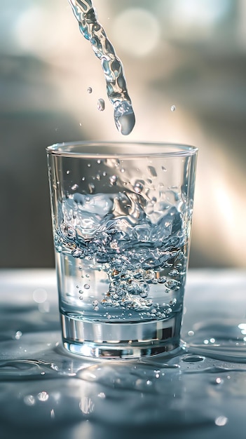 Un rinfrescante ruscello di acqua cristallina versato in un bicchiere