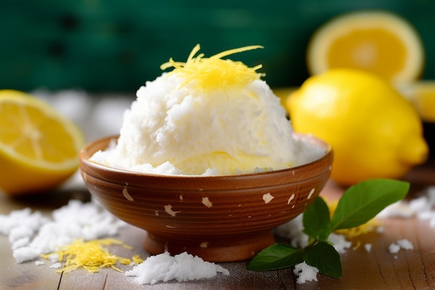 Un rinfrescante sorbetto di limone in una ciotola di limone commestibile