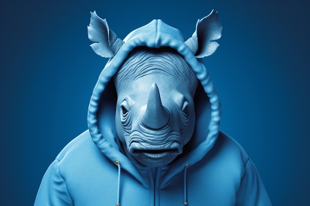 Un rinoceronte blu con una felpa con cappuccio
