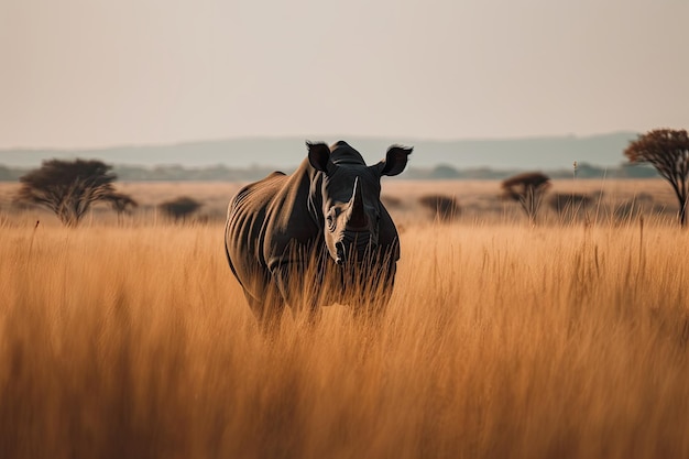 Un rinoceronte nero nella savana specie in pericolo di estinzione