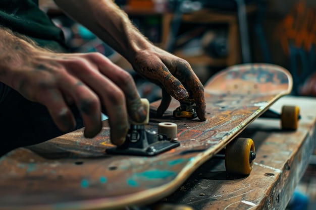 Un riparatore di skateboard che ripara uno skateboard rotto evidenziando le abilità di riparazione dello skateboard