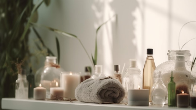 Un ripiano del bagno con un asciugamano, una bottiglia di sapone da bagno, una candela e una bottiglia di sapone da bagno.