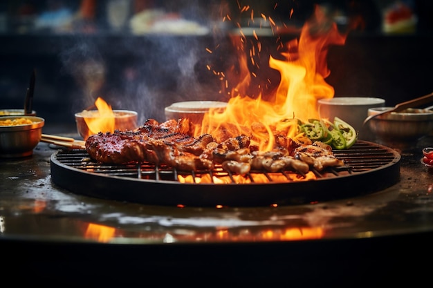Un ristorante barbecue coreano con fumo e fiamme