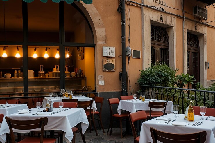 Foto un ristorante con tavoli e ombrelli fuori di esso