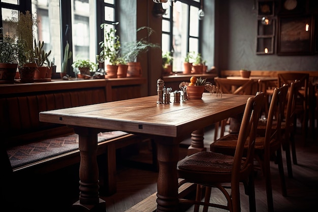 Un ristorante con tavolo e sedie in legno e una pianta sul davanzale della finestra.