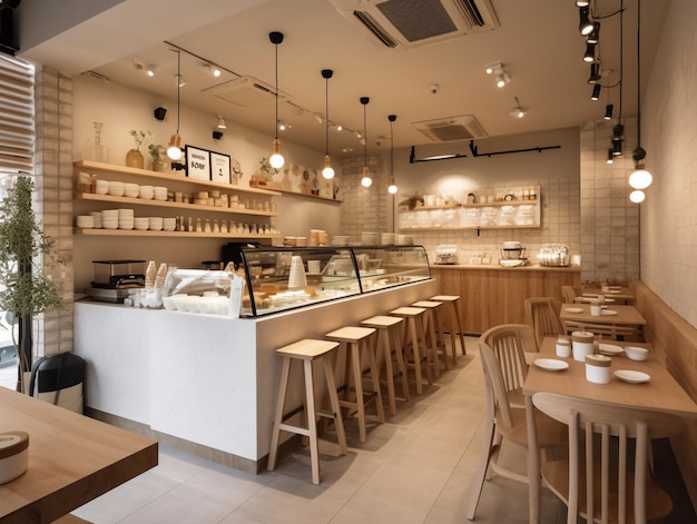 Un ristorante con un bancone e un'esposizione di caffè e un'insegna che dice caffè latte.