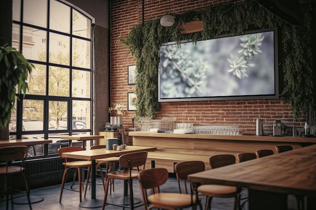 Un ristorante con un grande schermo che dice "la parola caffè".