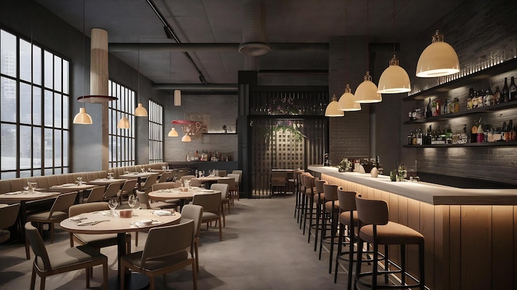 Foto un ristorante con un grande tavolo e sedie e luci