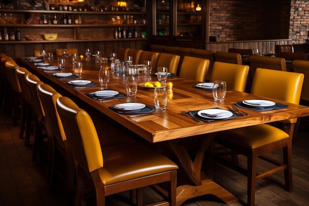 un ristorante con un tavolo di legno con un mucchio di bicchieri su di esso