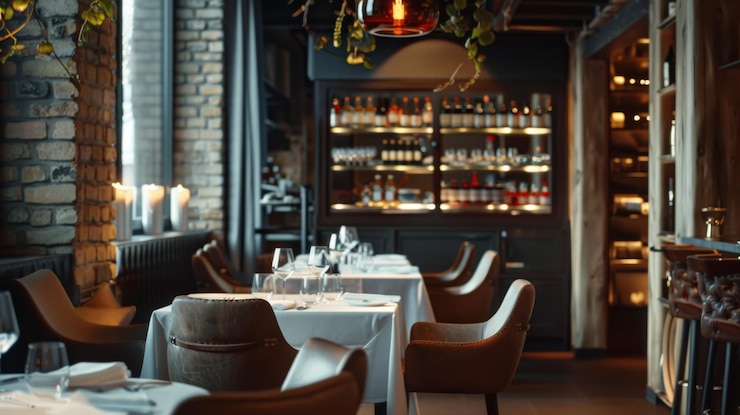 Foto un ristorante con un tavolo e sedie e un cartello che dice vino