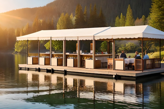 Un ristorante con un tendone bianco con su scritto "lake tahoe".