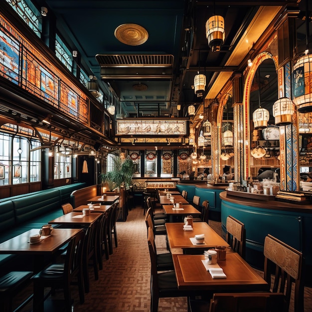 un ristorante con una parete blu su cui è raffigurata l'immagine di un ristorante con le luci accese.
