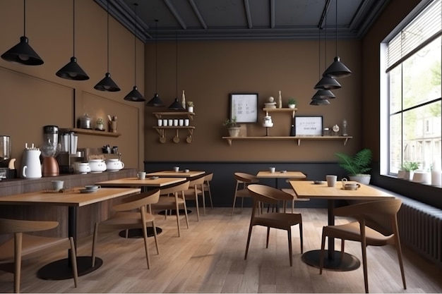 Un ristorante con una parete marrone e un'insegna nera con su scritto "caffè".