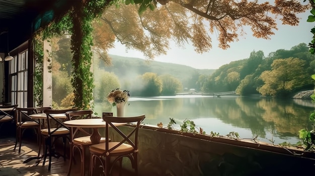 Un ristorante con vista lago