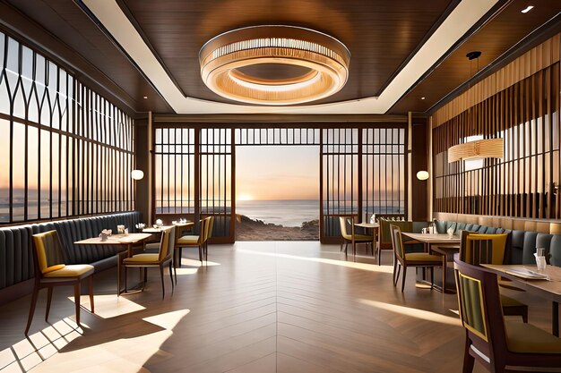 un ristorante con vista sull'oceano e sul tramonto